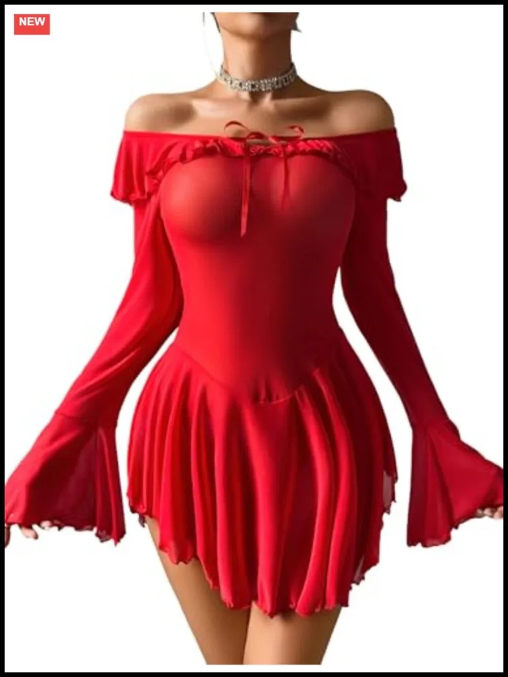 Sheer Long Sleeve Babydoll Lingerie Ruffle Dress